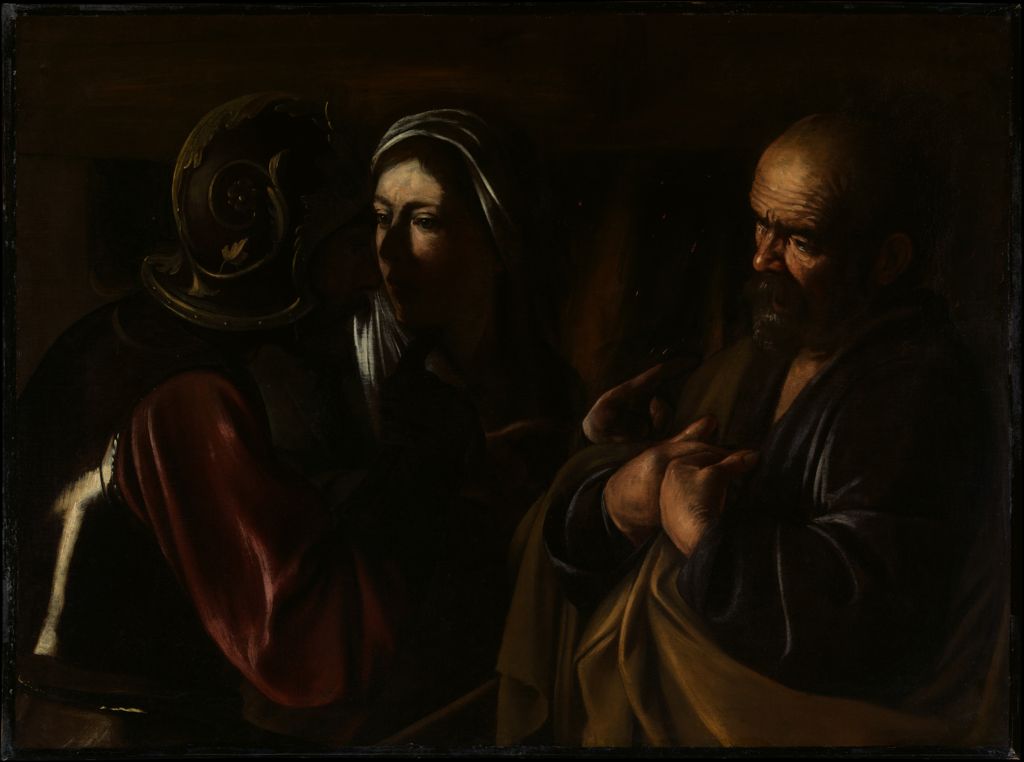 Caravaggio, The Denial of Saint Peter: a helmeted soldier and a woman accuse Peter, who gestures toward his chest in a dark scene